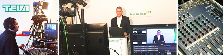 Collage Teva Webinar: Kameramann an Regie, Moderator am Pult mit Livestream und professionelles Audio-Mischpult
