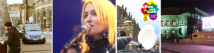 Collage: Satellitenwagen, Sängerin, Satellitenschüssel und Leinwandprojektion bei Konzert in Dresden