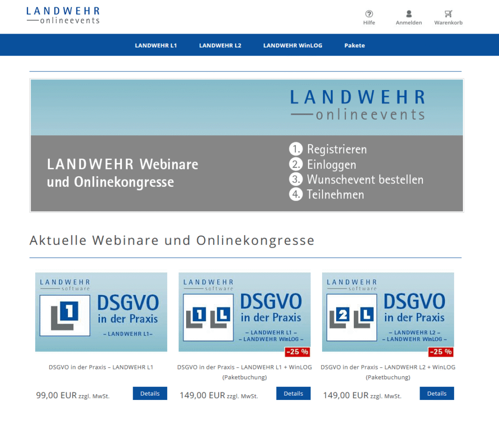 Landwehr Website mit Webinaren und Onlinekongressen zu DSGVO in der Praxis, L1/L2 Paketen und Preisen