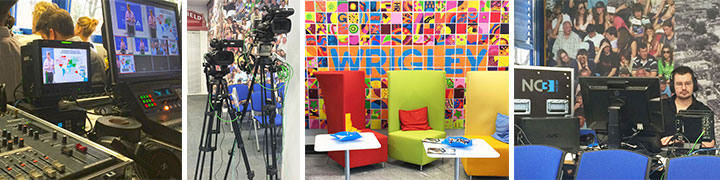 Collage: Video-Regie, Kameras, Wrigley-Lounge und NC3-Control-Room bei interner Townhall-Übertragung