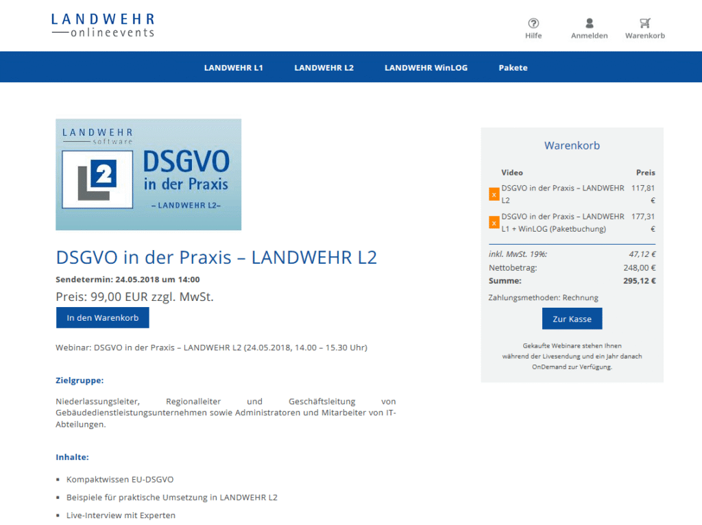 Screenshot der Webinar-Detailseite DSGVO in der Praxis – LANDWEHR L2 mit Warenkorb, Preis und Buchungsbutton