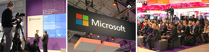 Collage Microsoft CeBIT: Live-Streaming Kamera, Microsoft Logo und Konferenzpublikum in Hannover