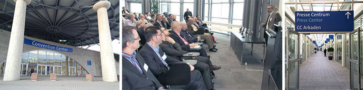 Collage aus Convention Center Eingang, Publikum bei Plantronics Pressekonferenz und Wegweiser zum Press Center auf der CeBIT