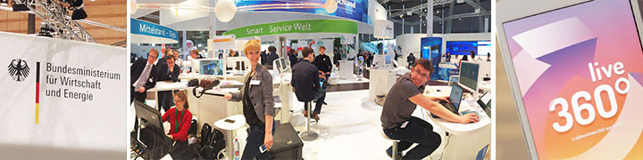 Collage BMWi-Messestand CeBIT mit 360°-Livestream, Smart Service Welt und 360-Grad-Kamera-Technik