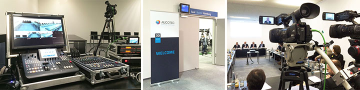 Collage: Videoregie mit Monitoren und Mischpult, Aucotec Welcome-Banner, Mehrkamera-Setup bei Pressekonferenz