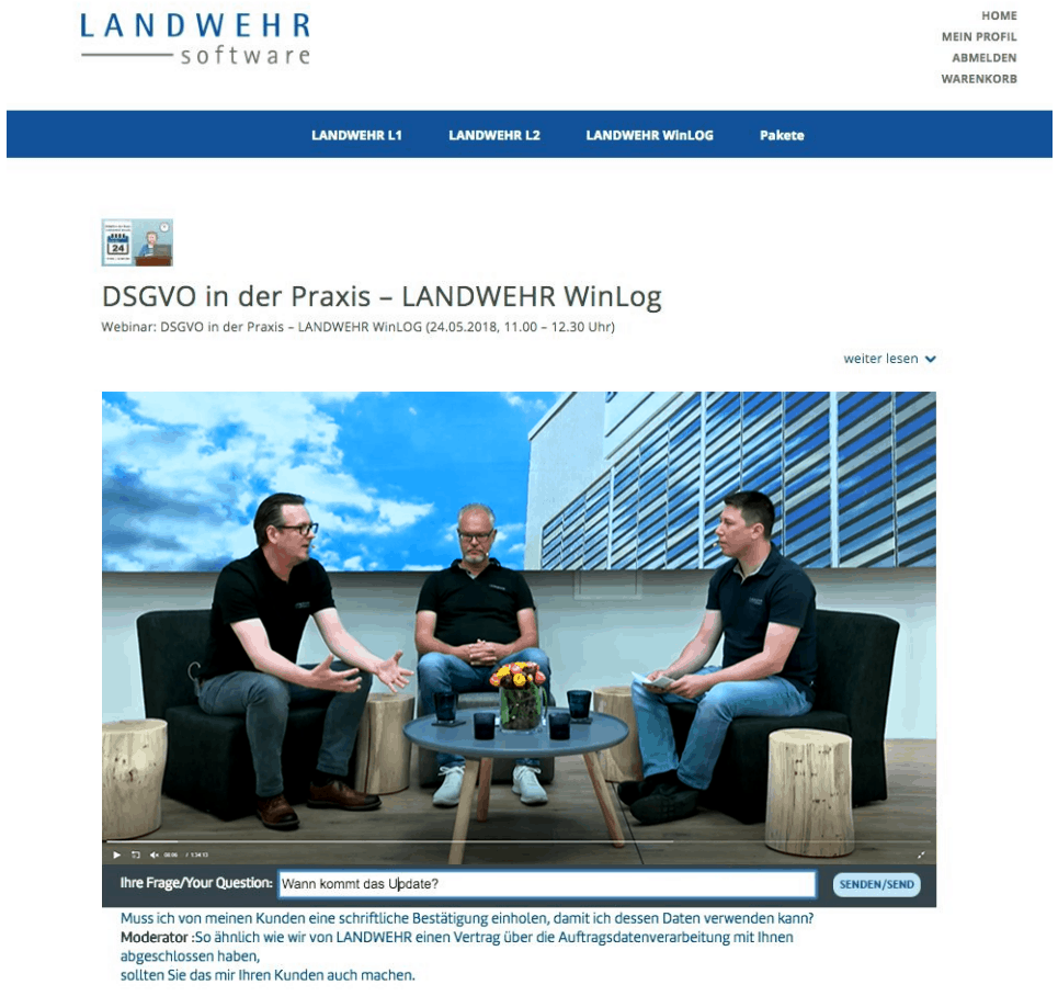 Screenshot der LANDWEHR Webseite mit integriertem Videoplayer für das DSGVO-Webinar WinLog