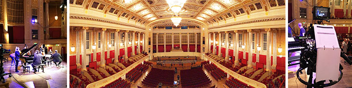 Collage: Wiener Philharmoniker Videoaufzeichnung im prächtigen Konzertsaal mit Klavier, Kamera-Setup und leerem Saal