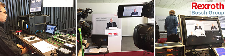 Techniker steuert Livestream einer Bosch Rexroth Pressekonferenz mit Kameras, Monitoren und Live-Regie