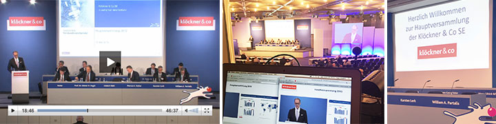Livestream der Klöckner & Co Hauptversammlung mit Bühnenansicht, Präsentationsfolien und Streaming-Oberfläche