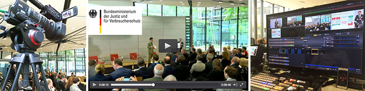 Collage: Profi-Kamera, BMJV Livestream Symposium mit Publikum und Multikamera-Regie für Satellit-Symposium Scoring