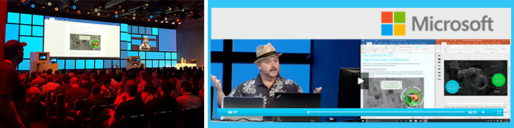 Livestream Microsoft IFA Berlin: Publikum im Saal und Streaming-Interface mit Windows 10 Präsentation