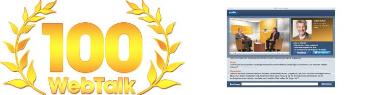 Grafik zum 100. WebTalk mit goldenem Logo und Screenshot einer Livestream-Diskussion über Führung im digitalen Zeitalter