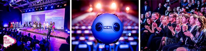 Collage: 99 Fire Films Bühne, NC3 360°-Kamera und applaudierendes Publikum beim Livestream-Event