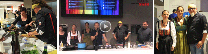 Collage vom AEG Blogger Kochduell: Küche, Bühne mit Play-Button und Gruppenfoto in Tracht