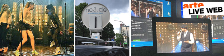 Collage: Bühnenperformance, NC3-Satellit vor Konzerthaus Berlin und ARTE Live Web Streaming-Monitoring