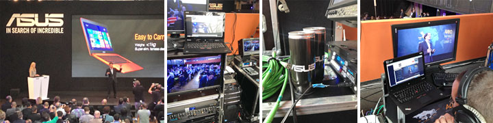 Collage ASUS IFA Pressekonferenz Berlin: Bühnenpräsentation, Technik-Setup mit Monitoren und Livestream-Arbeitsplatz