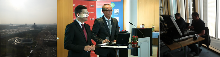 Collage CeBIT-Pressekonferenz: Berliner Skyline, zwei Redner am Podium mit CeBIT-Branding und Technik-Team bei der Livestream-Produktion