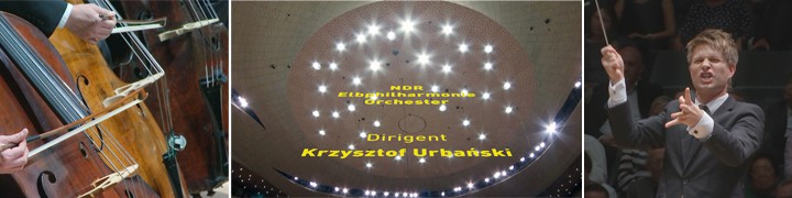Collage: Kontrabässe, Sternenlichter in der Elbphilharmonie mit NDR-Orchester-Text und Dirigent Krzysztof Urbański beim Star-Wars-Planeten-Livestream