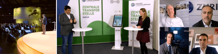 Collage hybrider Veranstaltung der Zentralen Transferstelle Berlin mit Bühnenbild, Speakern und virtuellen Teilnehmern