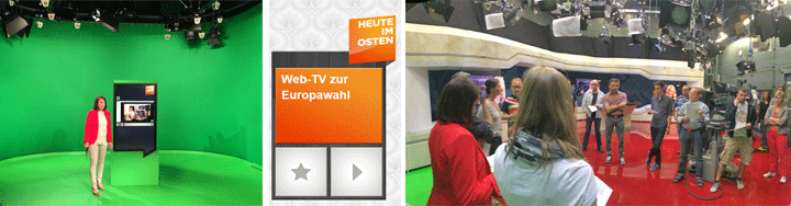 Collage: Green-Screen-Studio, Web-TV-Banner Europawahl und Live-Studio-Setup mit Kamera-Team