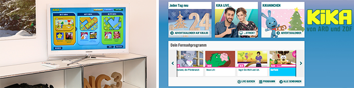 HbbTV-Banner für KiKA Mediathek mit Smart-TV-Interface, Adventkalender und Programmansicht