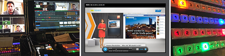 Collage: Streaming-Regieraum, Web-TV-Sendung zum Mauerfall mit Moderatorin und Lichtpult