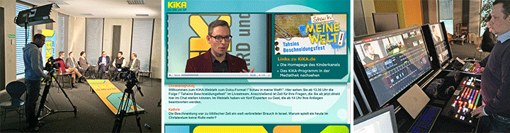 Collage: Studio-Kamerasetup, KiKA Webtalk-Banner mit Moderator und Regieraum mit Monitoren für Livestream-Produktion