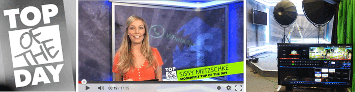 Banner für Top of the Day Livestream mit Moderatorin Sissy Metzschke, Logo und Studio-Regie