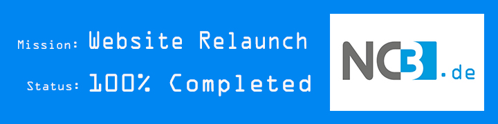 NC3 Website Relaunch Banner mit Status 100% Completed und NC3 Logo auf blauem Hintergrund