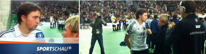 Split-Banner ARD Sportschau mit Fußball-Interview im vollen Stadion
