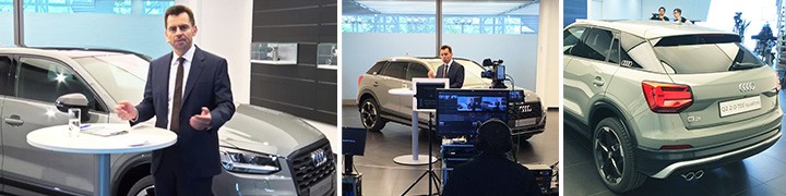 Audi Livestream mit Moderator, Q3-Präsentation und SAT-Uplink-Setup für Partner Portal
