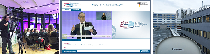 Collage Livestream-Setup, BMJV-Referent und Gebäude mit Satellitenschüssel für Nudging-Veranstaltung