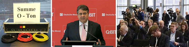 Collage: Audio-Mixer Summe O-Ton, BMWi-Redner an CeBIT-Pressekonferenz und Pressefotografen bei der Videoproduktion