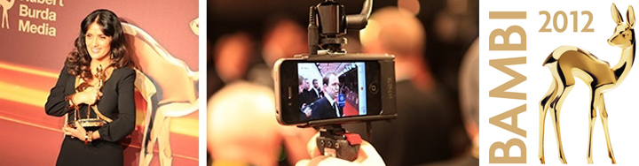 Banner Bambi 2012 mit Preisträgerin, Smartphone-Livestream und goldenem Hirsch-Logo von Hubert Burda Media
