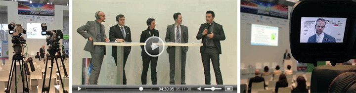 Collage: Kameras, Bühne mit Sprechern und Regie-Monitor beim Better Transport Forum 2014 Livestream