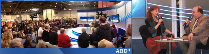 ARD-Banner Buchmesse Leipzig 2012: Publikumssaal mit Bühne und Interview mit rothaariger Moderatorin und Gast