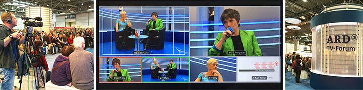 Collage ARD TV-Forum Livestreaming auf der Buchmesse mit Kamera, Studio-Bildschirm und Messestand