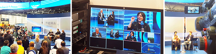 Collage: ARD-Forum Livestream und Videoaufzeichnung auf der Frankfurter Buchmesse mit Publikum, Regiemonitor und Kamera-Setup