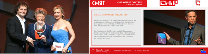 CHIP AWARDS CeBIT 2012 Banner: Award-Verleihung mit Trophäe und Tablet-Präsentation auf der CeBIT Hannover