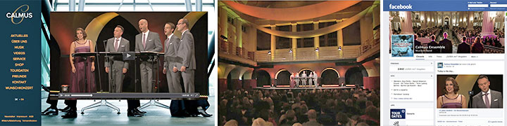 Calmus Ensemble auf Bühne mit Publikum, Konzertsaal und Facebook-Banner für Livestream-Promotion