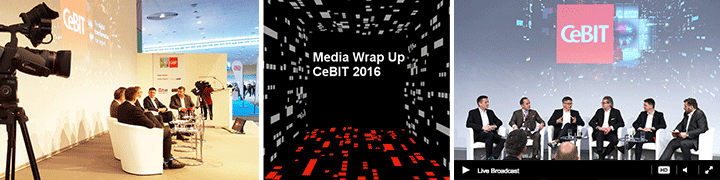 Collage CeBIT 2016 Media Wrap Up: Profi-Kamera bei Panel-Diskussion, Livestream-Player und Event-Grafik für Videoproduktion und Aufzeichnung