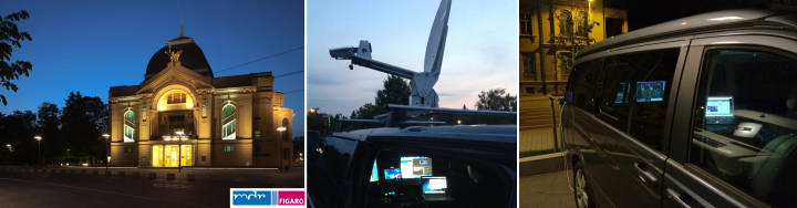 NC3 Livestream-Setup vor dem Theater Figaro in Gera: beleuchtetes Gebäude, Kamera-Kran und OB-Wagen mit Monitoren