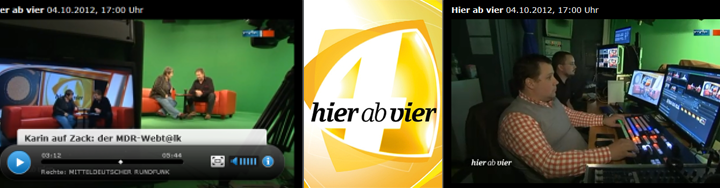 Banner 'hier ab vier' MDR mit Studio-Ansicht, Logo und Regie-Controlroom vom 04.10.2012, 17 Uhr
