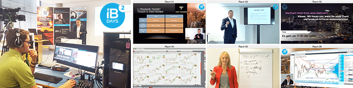 Collage Banner IB Days Webinar Live-Produktion mit Regieraum, Sprechern, Charts und Streaming-Technik