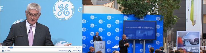 GE Livestream-Banner: Redner am Podium mit GE-Logo und Bühne mit Deutschland-Branding