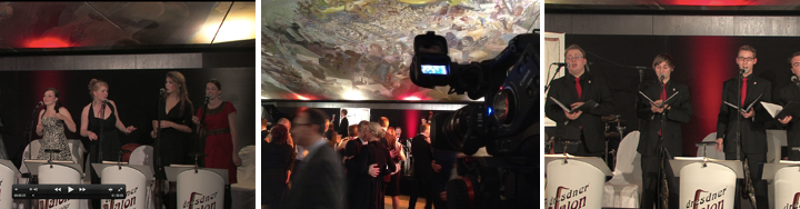 Collage vom Jubiläumsball mit Sängern auf der Bühne, Gästen und professioneller Kamera für Livestream