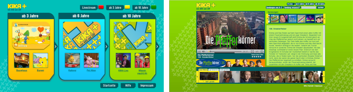 Screenshot der KiKA+ Mediathek mit Alterskategorien ab 3/6/10 Jahren und Video-Player für Die Pfefferkörner