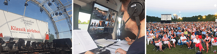 Live-Übertragung Klassik airleben: Leinwand, Bildregie im Ü-Wagen und Publikum beim Open-Air-Konzert in Leipzig