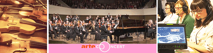 Banner Konzertaufzeichnung: Orchester, Violinen und Live-Produktionsteam mit Bildregie und Intercom für arte CONCERT