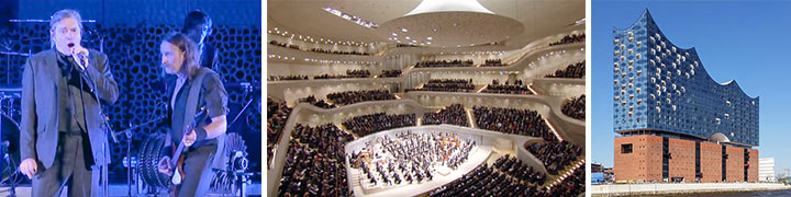 Collage: Live-Konzert auf Bühne, Innenansicht und Außenansicht der Elbphilharmonie Hamburg
